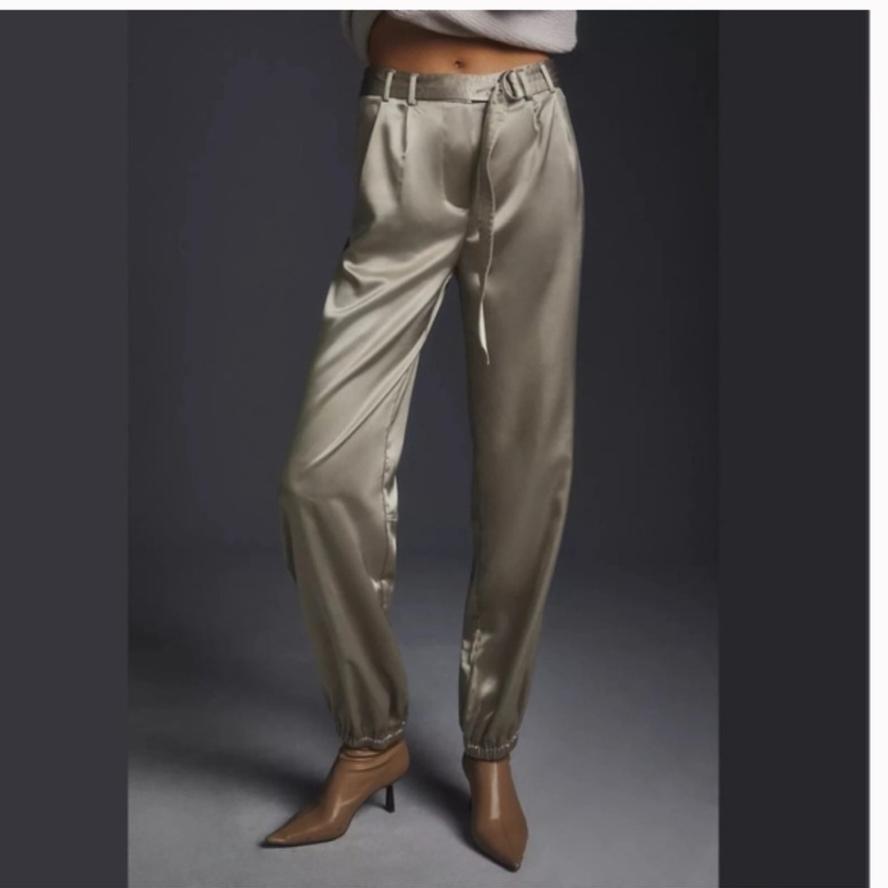 Anthropologie Maeve Satin Joggers w/ Belt Champagne Quiet Luxury Sophisticated - Picture 2 of 16
